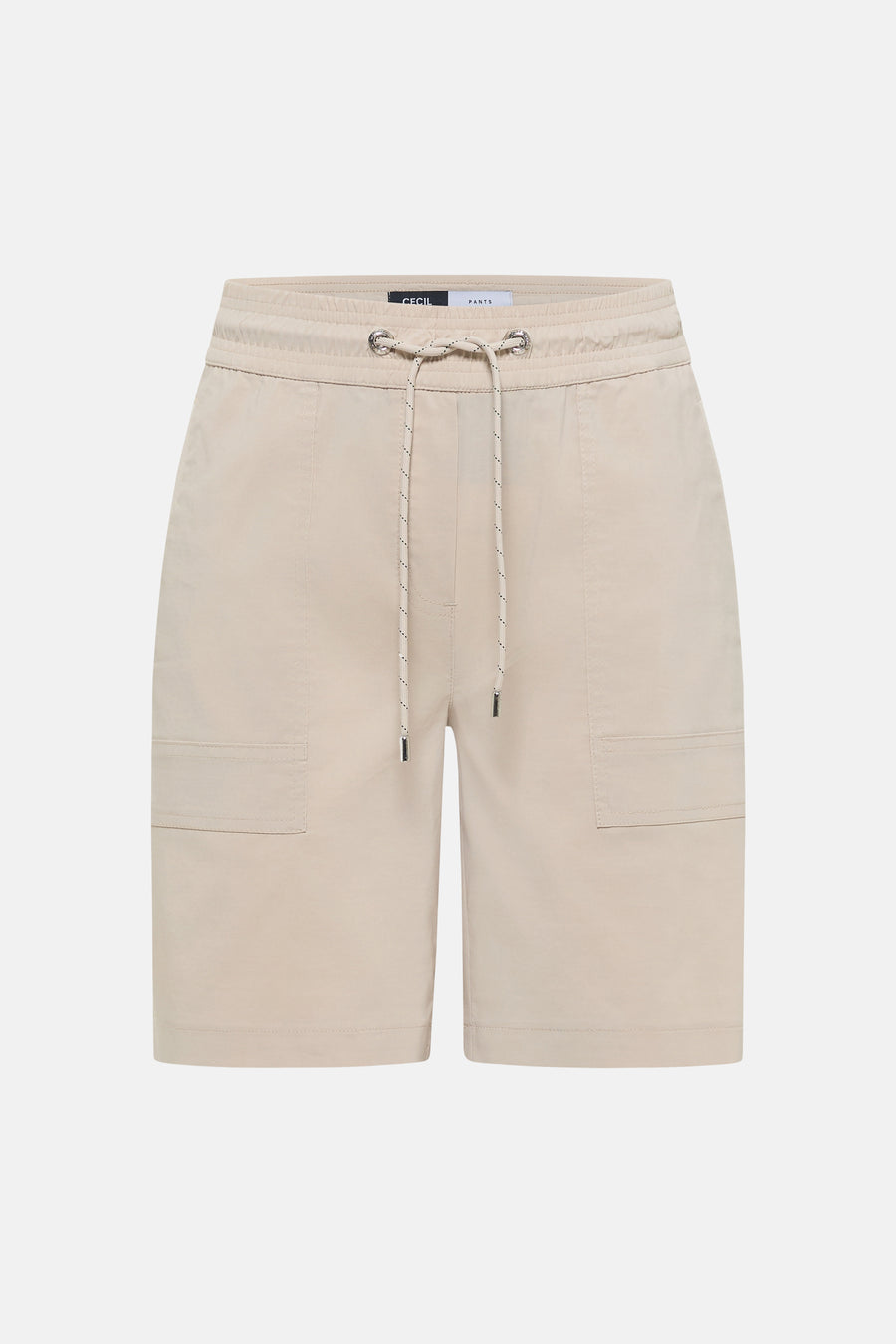 Bermuda beige de CECIL avec taille élastiquée, cordon de serrage et poches cargo, présenté à plat.