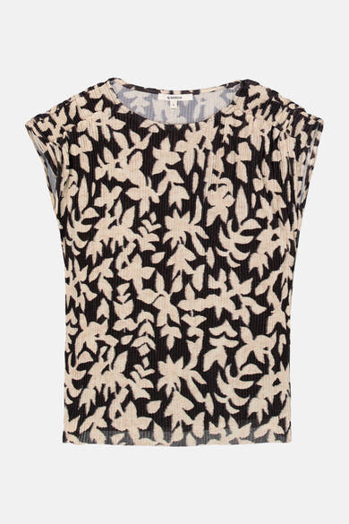 Zwart T-shirt met korte mouwen van GARCIA met beige bloemenprint en plooieffect.
