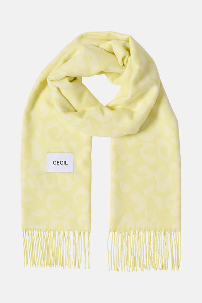 Écharpe jaune à motifs léopard, de CECIL, avec franges décoratives aux extrémités.
