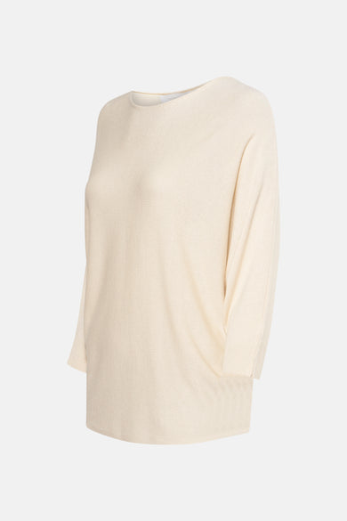 Beige ronde hals trui van AMELIE ET AMELIE in ribgebreide stof, driekwart mouwen en een losse pasvorm.