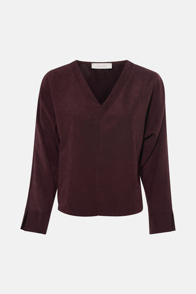 Blouse violette à manches longues et col en V par AMELIE ET AMELIE, en tissu texturé, vue de face