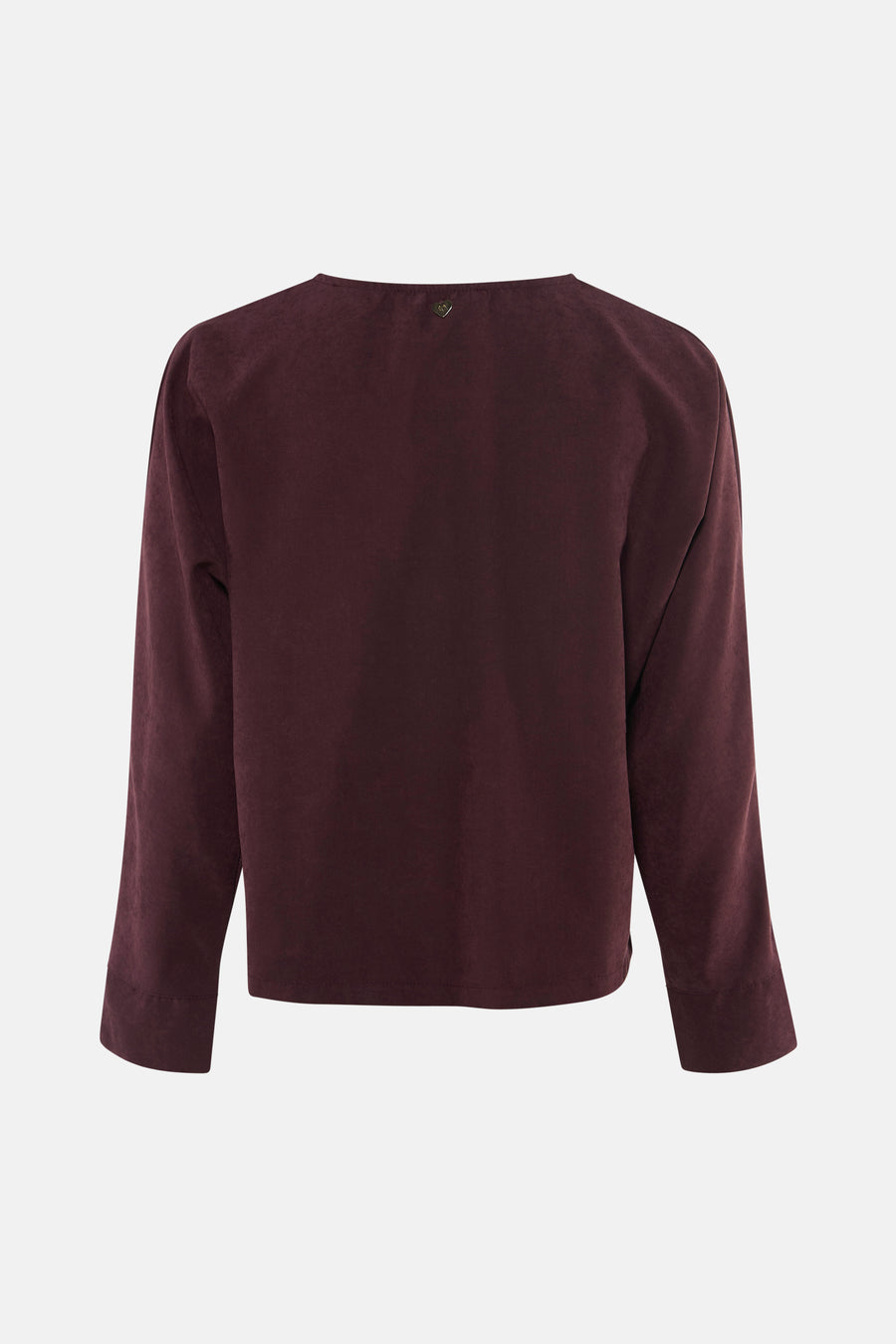 Blouse violette à manches longues de AMELIE ET AMELIE, vue dos, en tissu doux avec ourlet côtelé et petit logo discret au col.