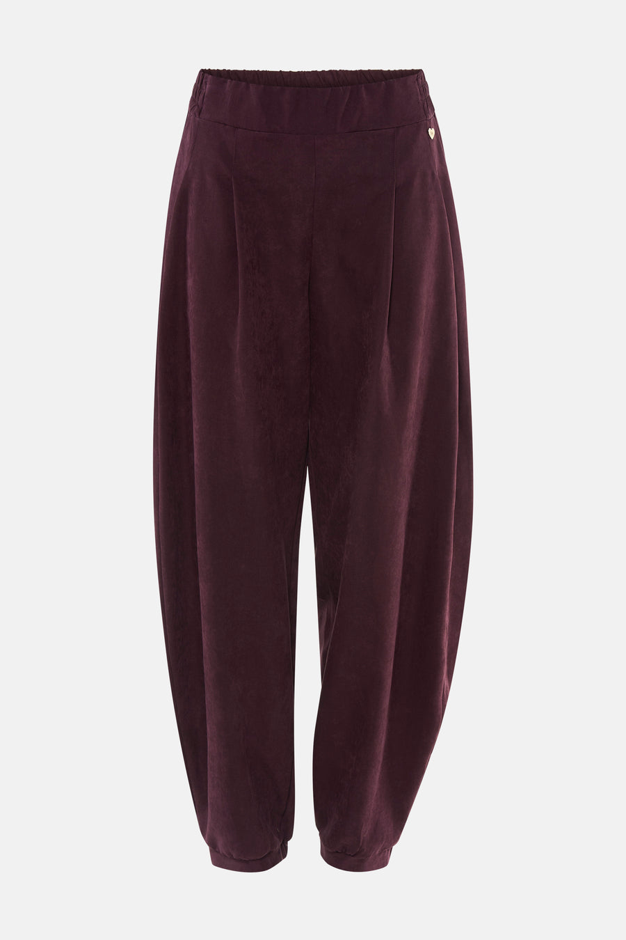 Pantalon violet en velours élastique par AMELIE ET AMELIE, coupe ample avec ourlet élastiqué et détail cœur doré sur côté