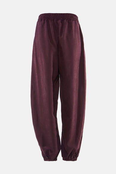 Pantalon violet en velours élastique par AMELIE ET AMELIE, coupe ample avec ourlet élastiqué, vue frontale