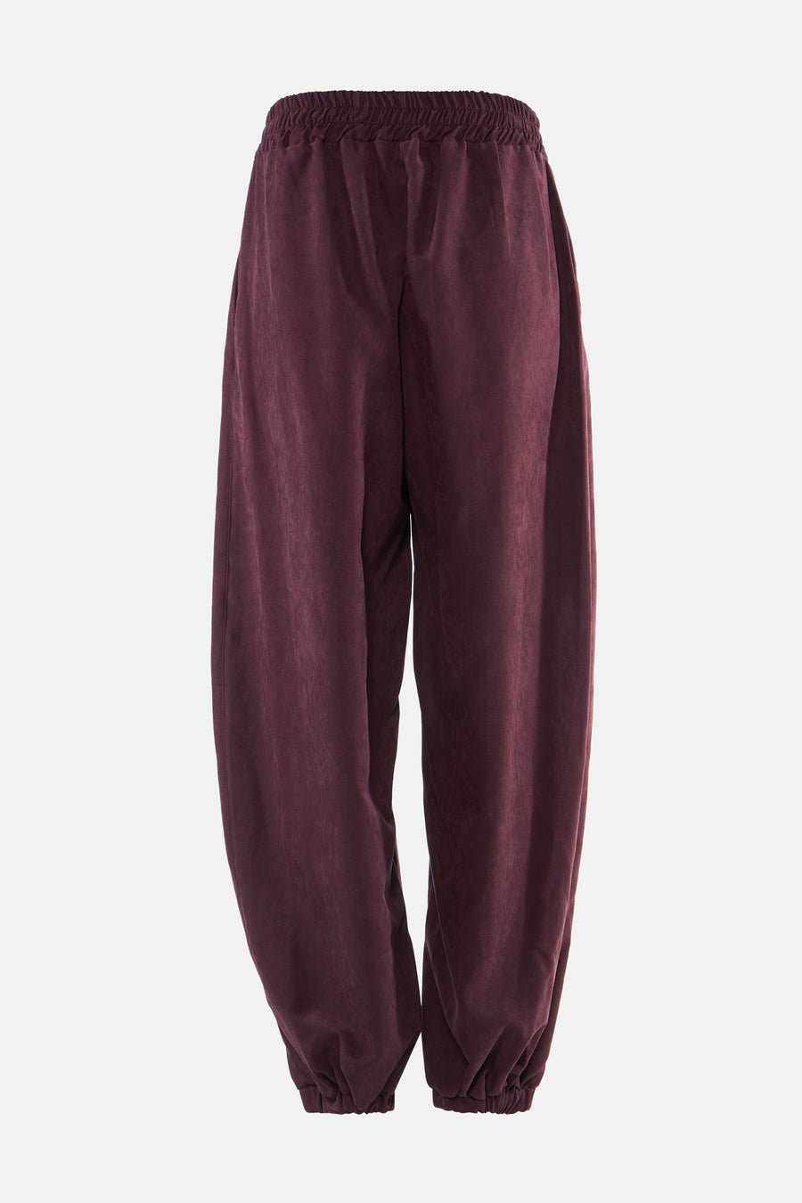Pantalon violet en velours élastique par AMELIE ET AMELIE, coupe ample avec ourlet élastiqué, vue frontale