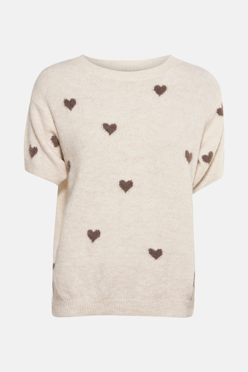 Beige ronde hals trui van AMELIE ET AMELIE met verspreid bruin hartpatroon.