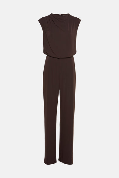 Bruin pak van AMELIE ET AMELIE met een gedrapeerd bovenstuk en wijde pijpen.