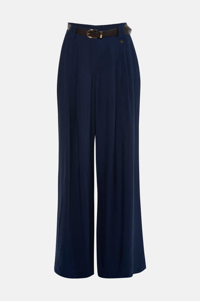 Navy blue wide-leg suit pants with pleated front and belt, shown from front view