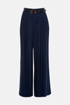 Navy blue wide-leg suit pants with pleated front and belt, shown from front view