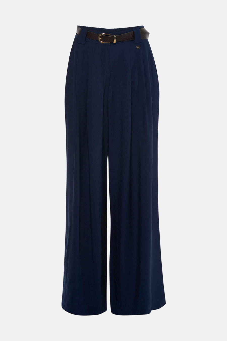 Navy blue wide-leg suit pants with pleated front and belt, shown from front view