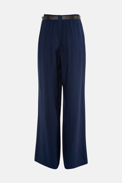 Navy blue wide-leg suit pants with pleated front and textured belt, front view