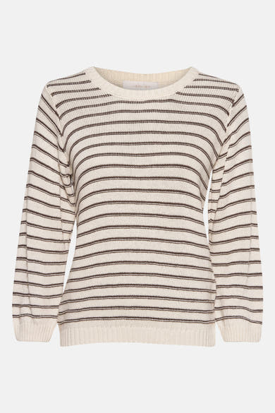 Beige ronde hals trui van AMELIE ET AMELIE, met horizontale bruine strepen.