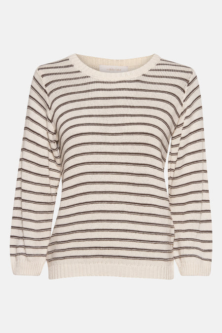Beige ronde hals trui van AMELIE ET AMELIE, met horizontale bruine strepen.