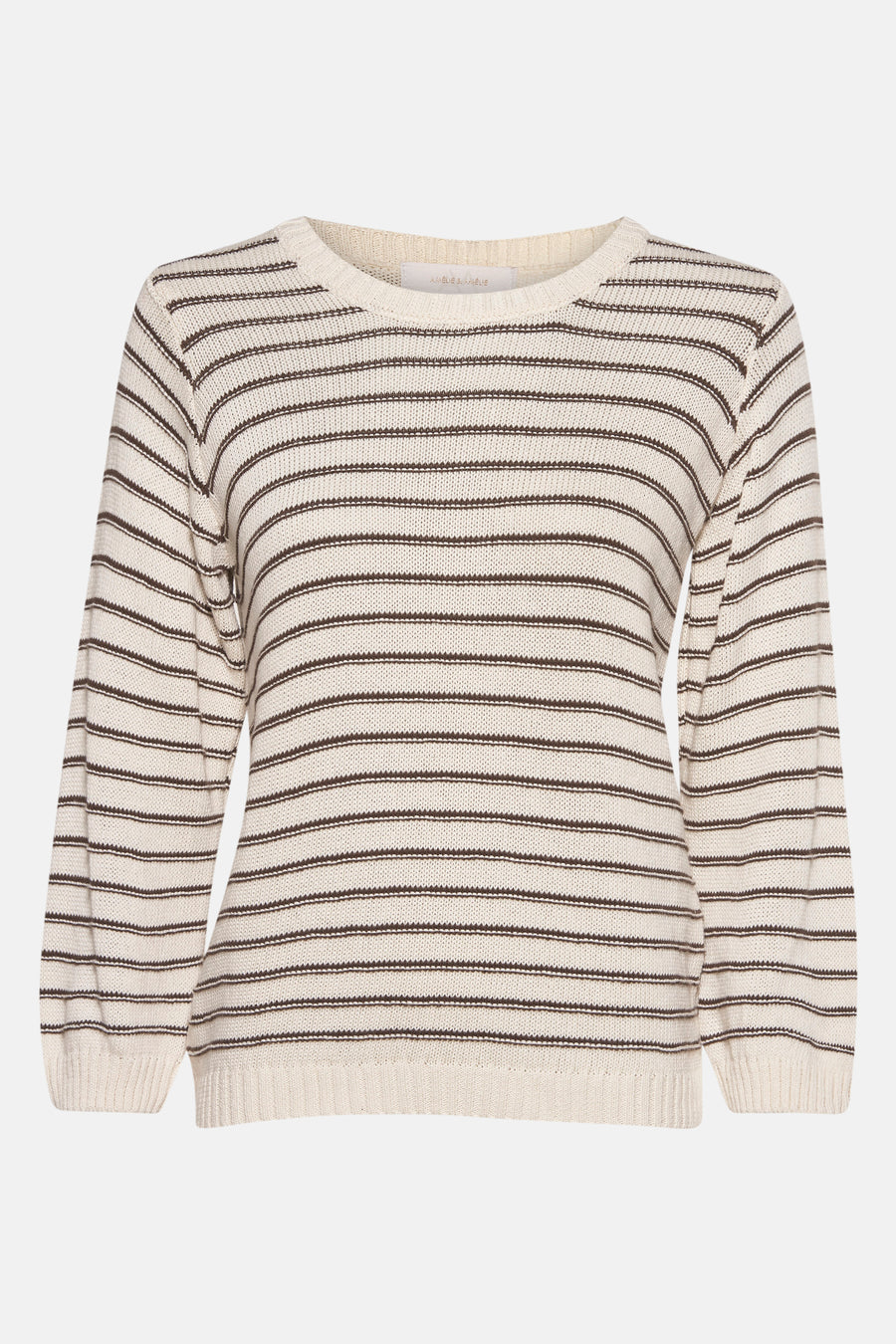 Beige ronde hals trui van AMELIE ET AMELIE, met horizontale bruine strepen.
