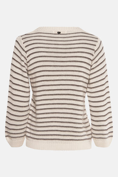 Beige ronde hals trui van AMELIE ET AMELIE met horizontale bruine strepen en een klein hartdetail.