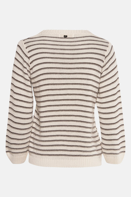Beige ronde hals trui van AMELIE ET AMELIE met horizontale bruine strepen en een klein hartdetail.