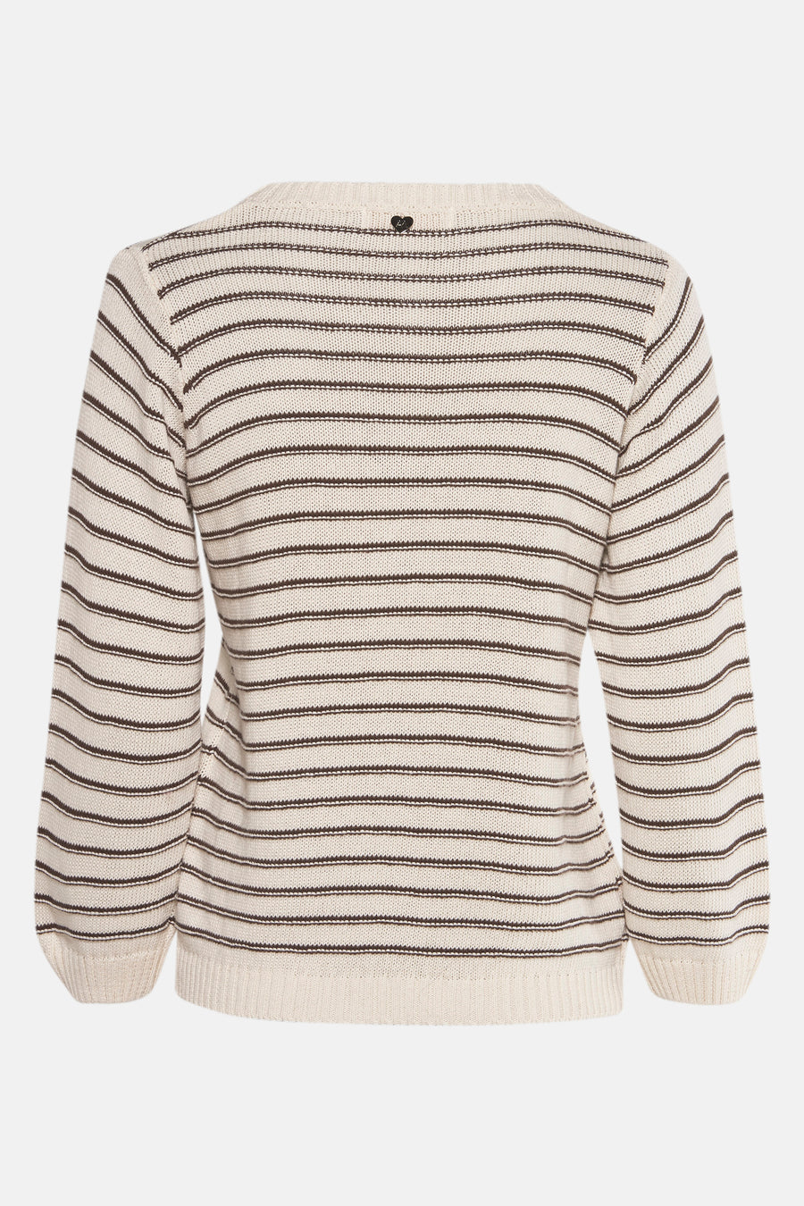 Beige ronde hals trui van AMELIE ET AMELIE met horizontale bruine strepen en een klein hartdetail.
