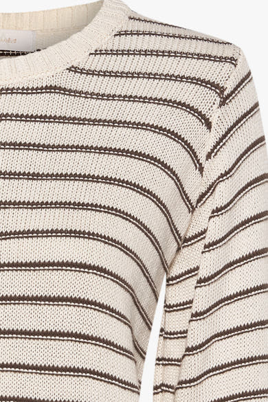 Beige ronde hals trui van AMELIE ET AMELIE met bruine strepen, in gebreide stof.