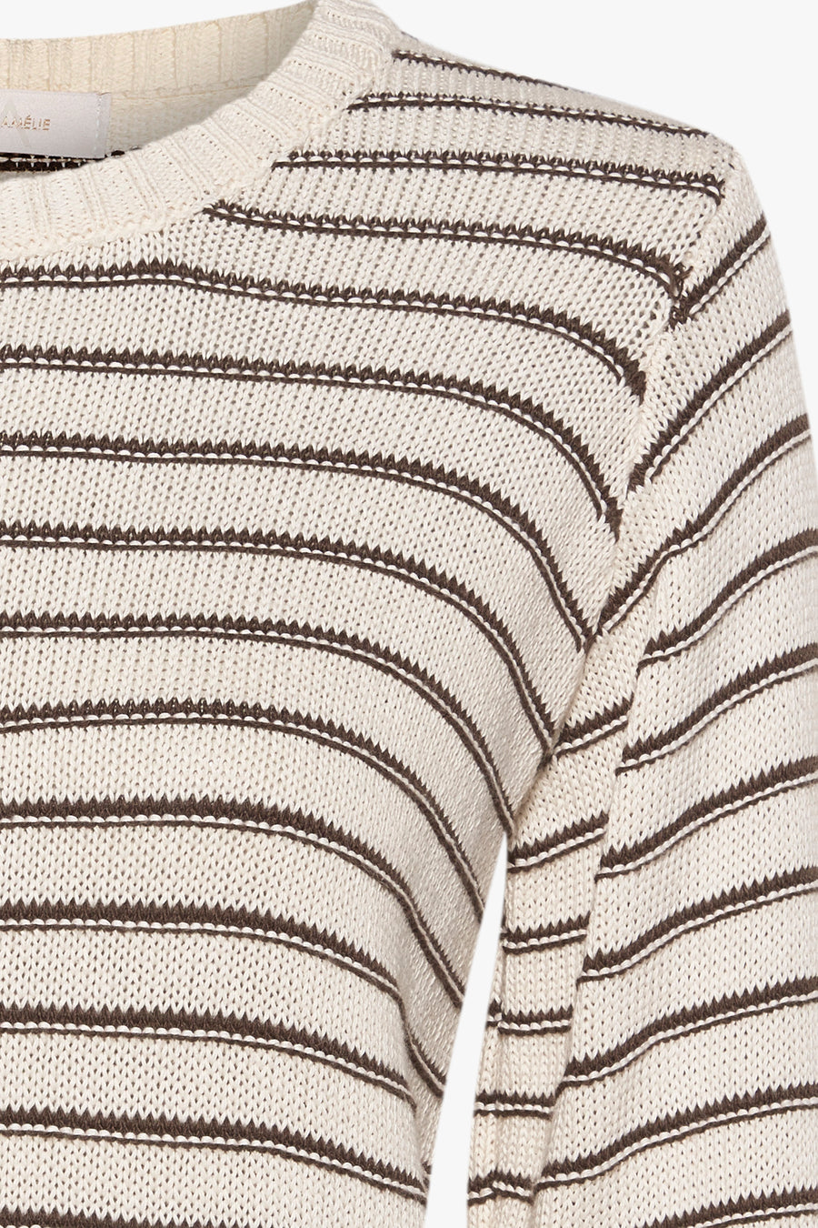 Beige ronde hals trui van AMELIE ET AMELIE met bruine strepen, in gebreide stof.