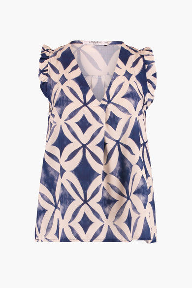 Blue and cream geometric pattern sleeveless blouse by Zabaione, featuring ruffled cap sleeves and V-neckline, front view.