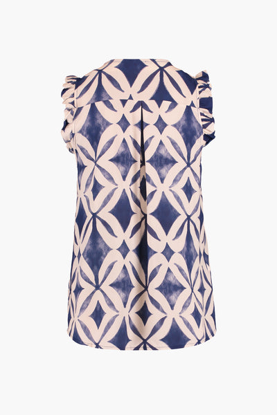 Sleeveless blue and cream geometric-patterned blouse with ruffled shoulders, back view