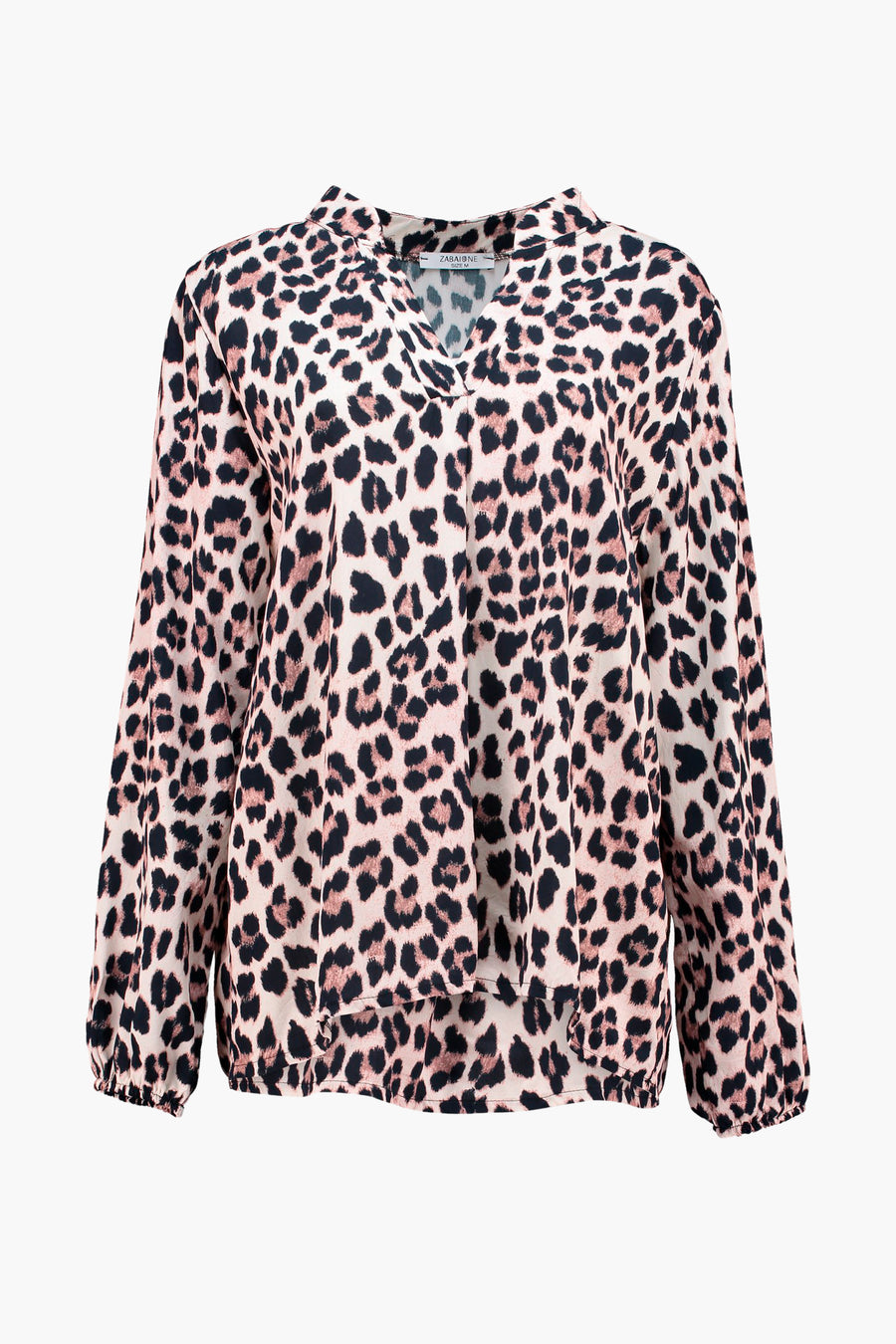 Blouse à manches longues marron de ZABAIONE, avec motif léopard rose et noir.