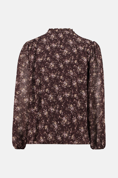 Blouse à manches longues marron de ZABAIONE, imprimé floral avec un col montant et des manches bouffantes.
