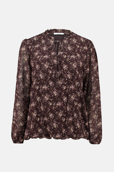 Bruine met lange mouwen in het bruin, van ZABAIONE, met een bloemenprint, opstaande gerimpelde kraag en strikceintuur.
