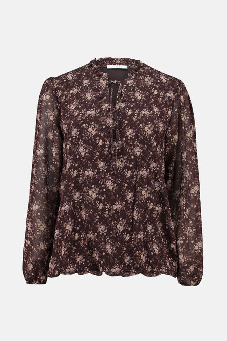 Bruine met lange mouwen in het bruin, van ZABAIONE, met een bloemenprint, opstaande gerimpelde kraag en strikceintuur.