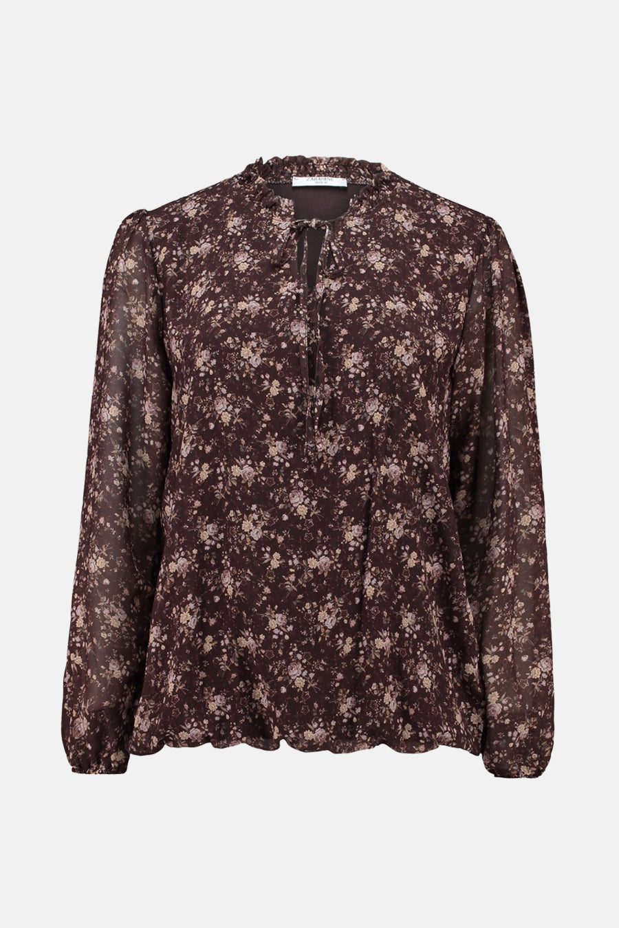 Bruine met lange mouwen in het bruin, van ZABAIONE, met een bloemenprint, opstaande gerimpelde kraag en strikceintuur.