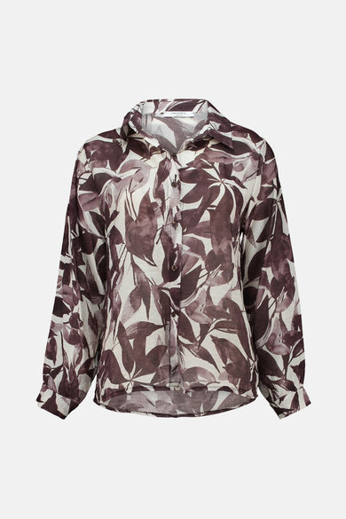 Multikleuren blouse met lange mouwen van ZABAIONE, bruin en crème abstract bladmotief.