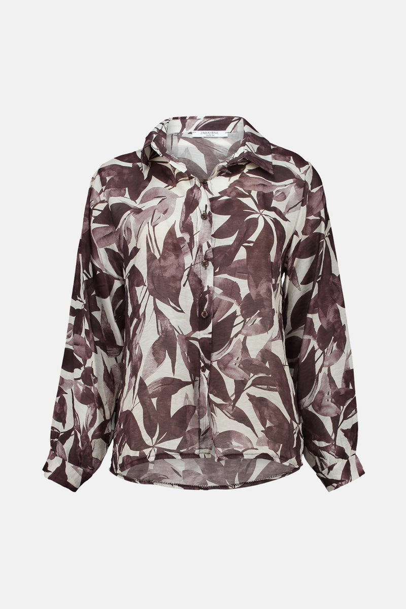 Multikleuren blouse met lange mouwen van ZABAIONE, bruin en crème abstract bladmotief.