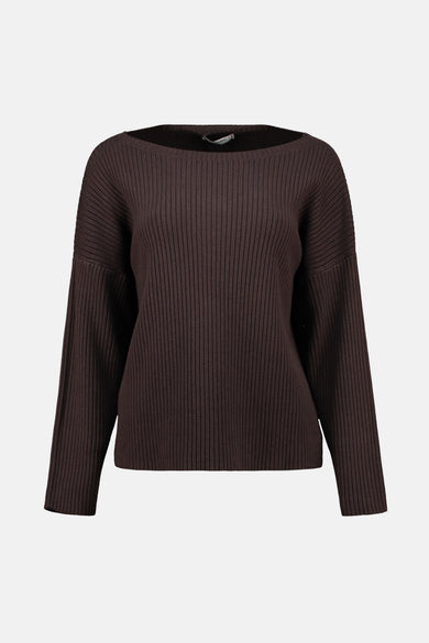 Pull à col rond marron de ZABAIONE, en maille côtelée, manches longues et coupe décontractée.