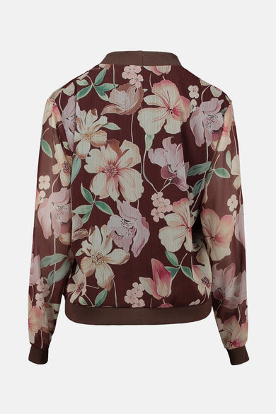 Multikleurenvest van Zabaione, met bloemenpatroon op een bruine achtergrond en donkerbruine afwerkingen.