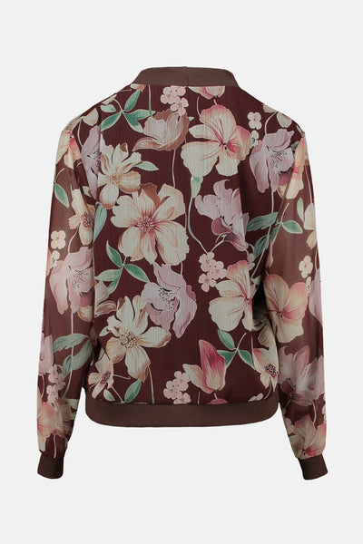 Multikleurenvest van Zabaione, met bloemenpatroon op een bruine achtergrond en donkerbruine afwerkingen.