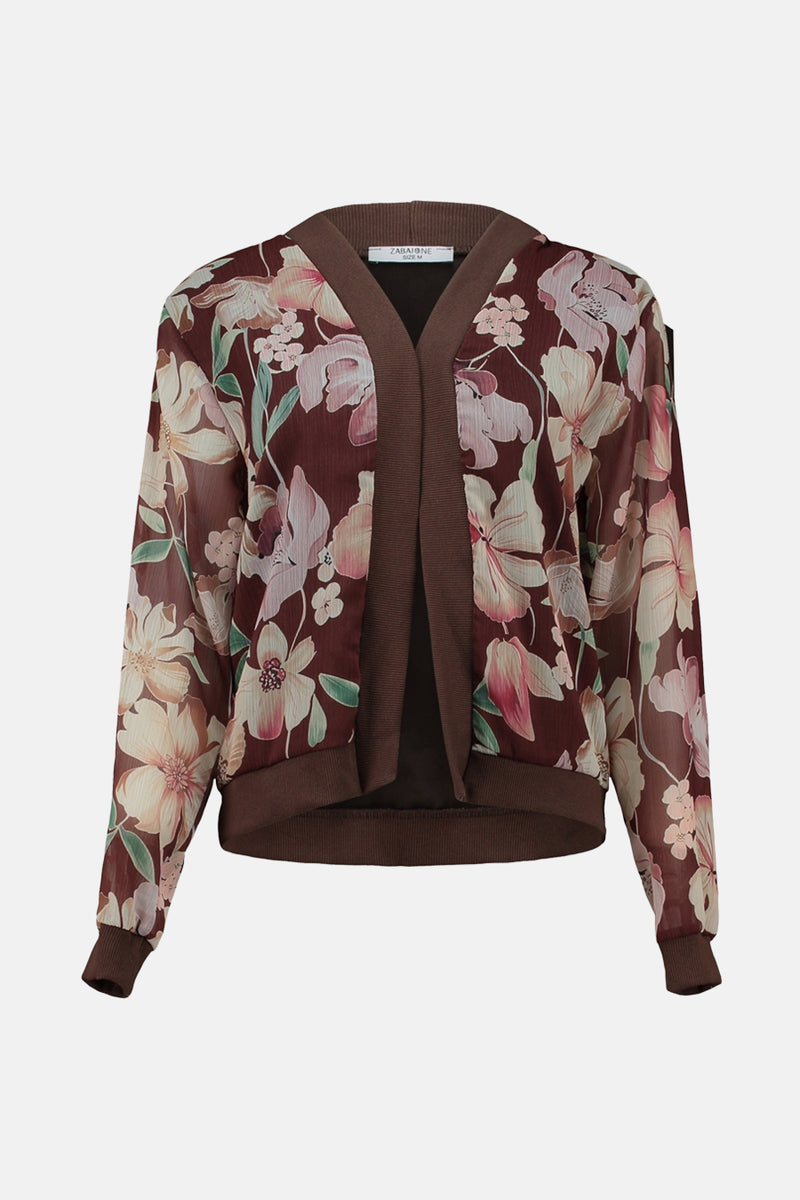 Multikleurenvest van ZABAIONE met bloemenpatroon, bruine bies bij de kraag, geribbelde zoom en manchetten.
