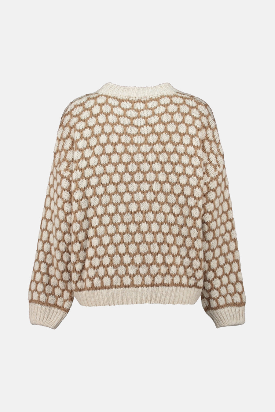 Pull à col rond multicolore de ZABAIONE, avec un motif géométrique contrasté et une texture tricotée.