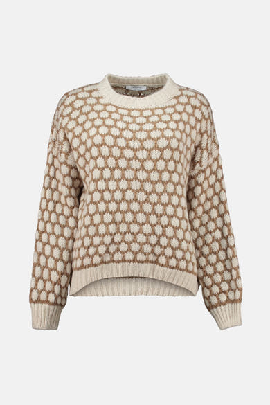 Pull à col rond multicolore de ZABAIONE, avec un motif à pois contrastants et une texture tricotée.
