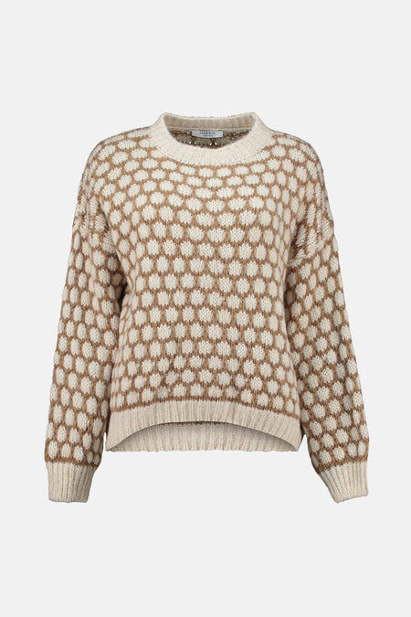 Multikleuren rondehals trui van ZABAIONE, met een contrasterend stippenpatroon en een gebreide textuur.