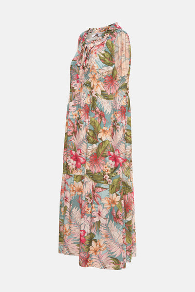 Multikleuren lange jurk van Zabaione, bloemenprint met strikbandjes bij de hals.