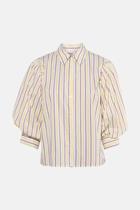 Chemisier à manches courtes multicolore de AMELIE ET AMELIE avec rayures verticales et manches bouffantes.
