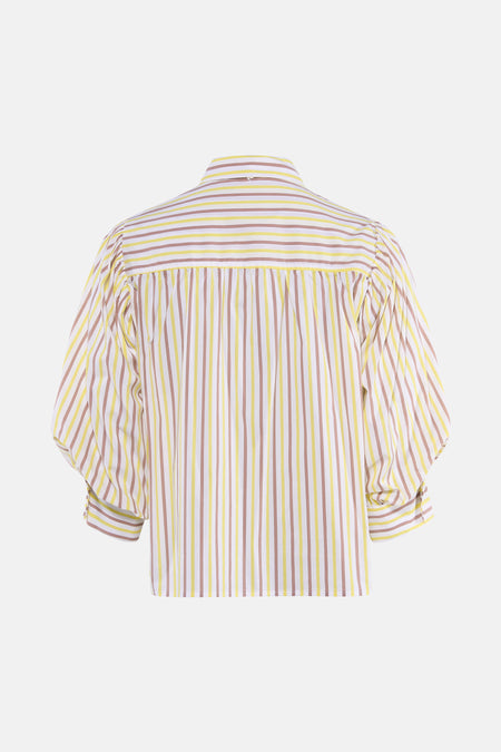 Chemise à manches courtes multicolore d'AMELIE ET AMELIE, à rayures jaunes et marron, avec manches bouffantes.