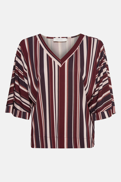 T-shirt à manches courtes multicolore d'AMÉLIE ET AMÉLIE, à rayures verticales bordeaux, violet foncé et beige.