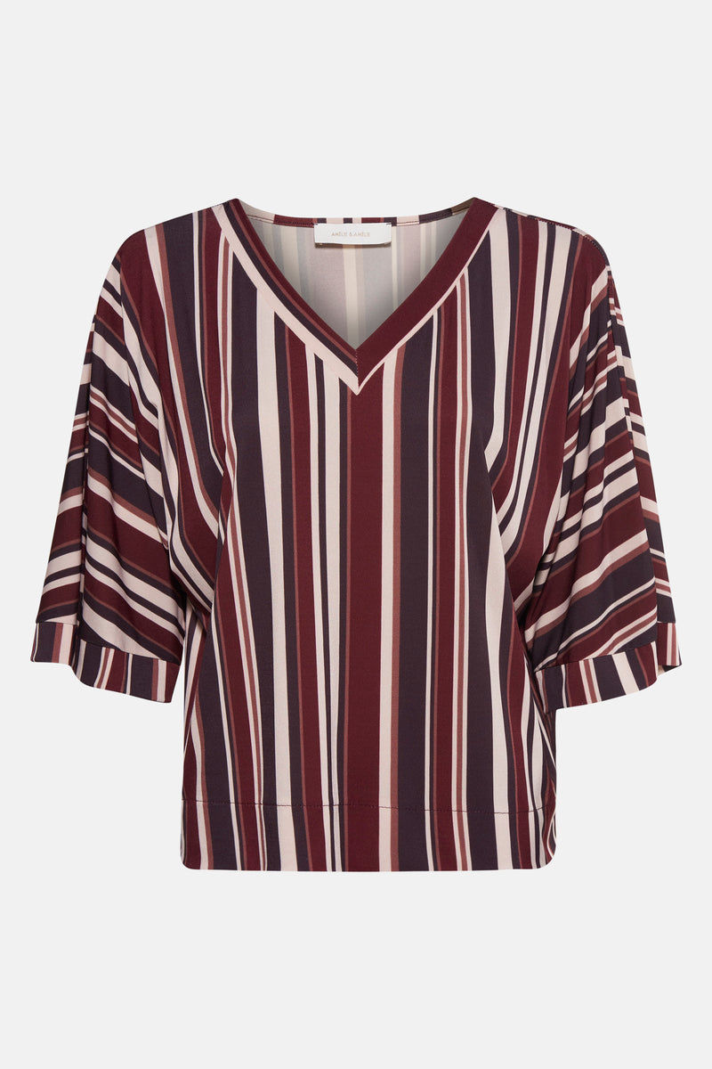 T-shirt à manches courtes multicolore d'AMÉLIE ET AMÉLIE, à rayures verticales bordeaux, violet foncé et beige.