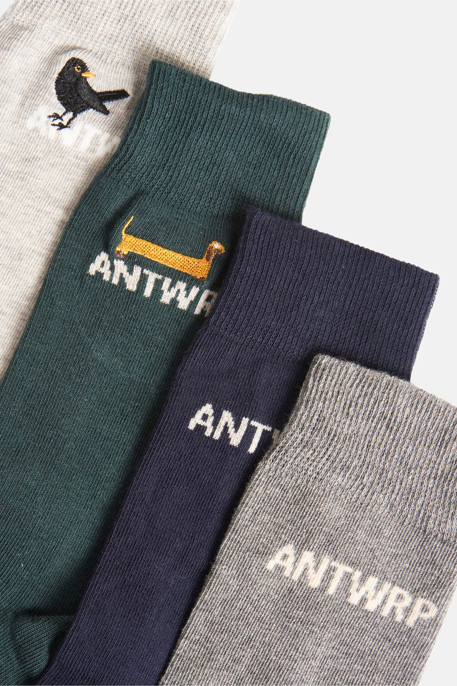 Lot de chaussettes multicolores de ANTWRP avec motifs brodés d'oiseau et de teckel.

