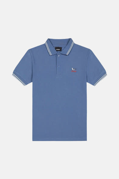 Polo bleu à manches courtes de ANTWRP, avec liserés blancs au col et aux manches, et logo brodé.
