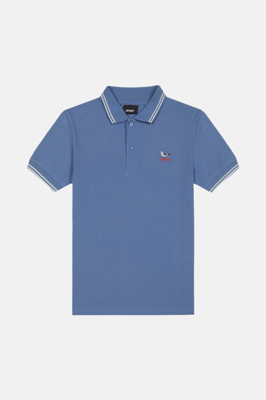Polo bleu à manches courtes de ANTWRP, avec liserés blancs au col et aux manches, et logo brodé.
