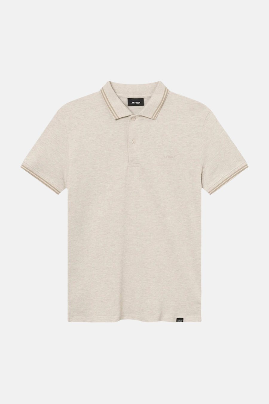 Polo beige d'ANTWRP, avec rayures marron au col et aux manches courtes, et logo discret.