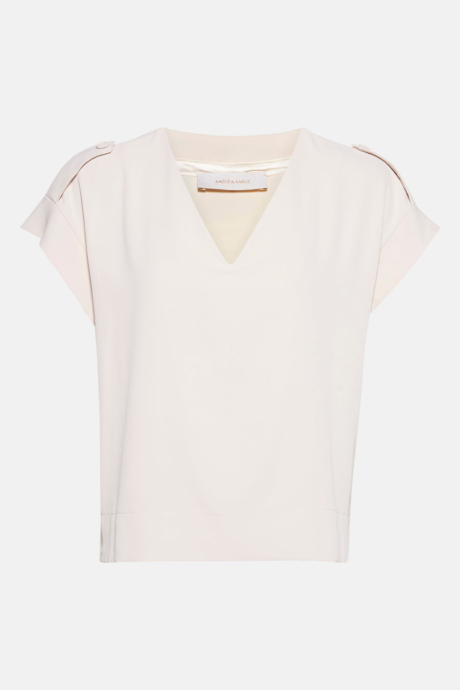 Blouse beige à manches courtes par AMELIE ET AMELIE, avec col en V et détail épaulette.
