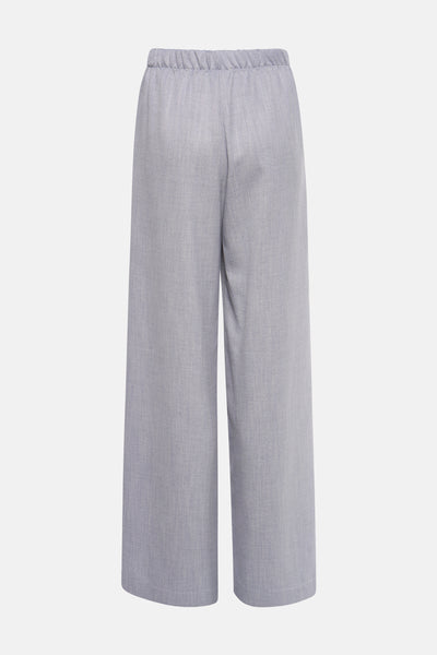 Blauwe broek van AMELIE ET AMELIE, wijde pasvorm met elastische taille, achterzicht.